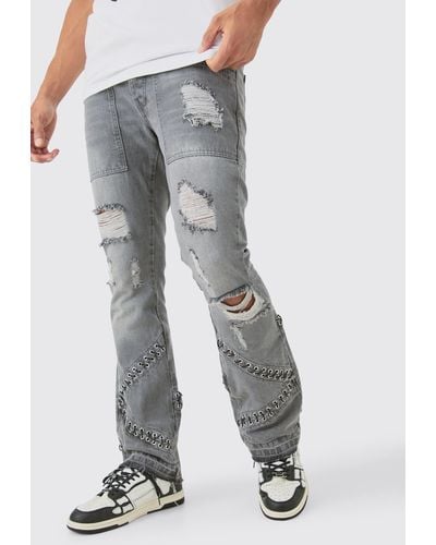 BoohooMAN Slim Rigid Flare Hardware Jeans In Light Gray