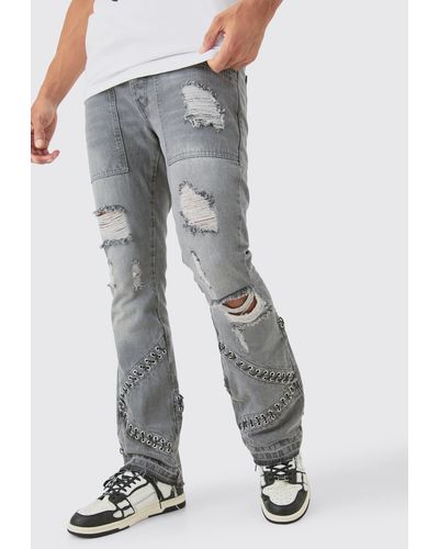 BoohooMAN Slim Rigid Flare Hardware Jeans In Light Grey