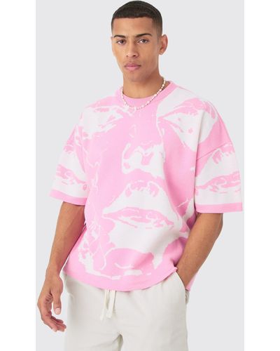 BoohooMAN Oversized Line Drawing Knitted T-shirt - Pink
