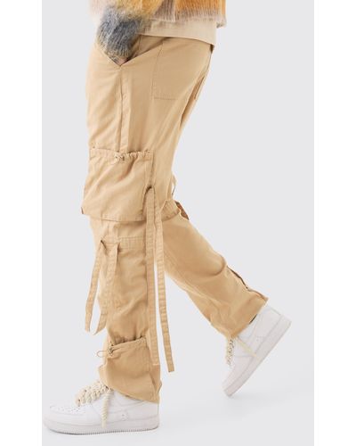 BoohooMAN Tall Fixed Waist Washed Twill Multi Cargo Trousers - Natural