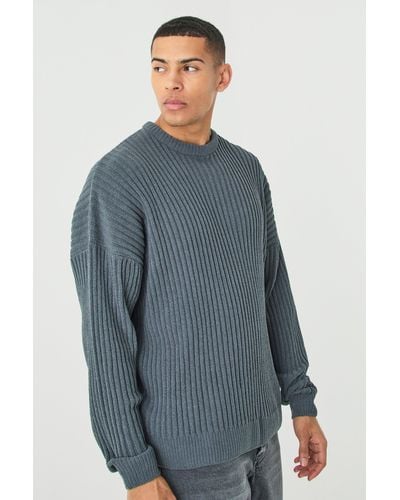 Boohoo Oversized Ribbed Chenille Crew Neck Jumper - Blue