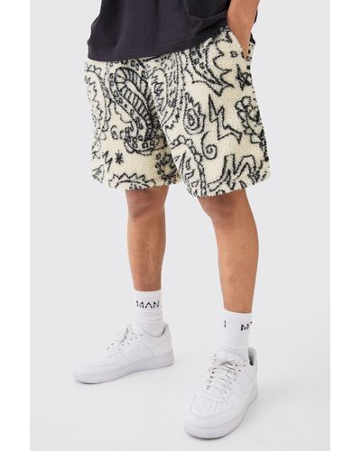 BoohooMAN Loose Mid Length Bandana Borg Shorts - Natural