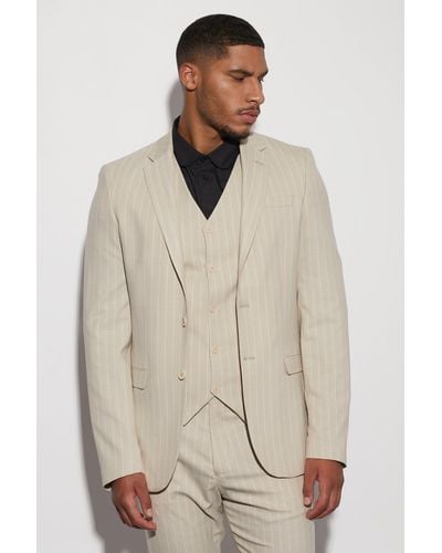 BoohooMAN Tall Single Breasted Slim Stripe Suit Jacket - Natural