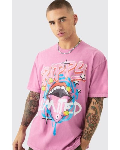 BoohooMAN Oversized Trippy Lip Graphic T-shirt - Pink