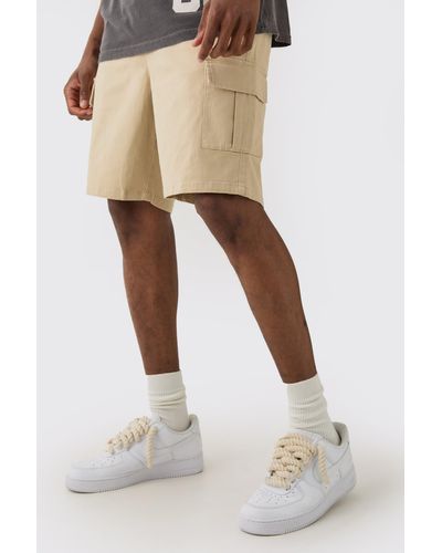 BoohooMAN Tall Elastic Waist Stone Slim Fit Cargo Shorts - Natural