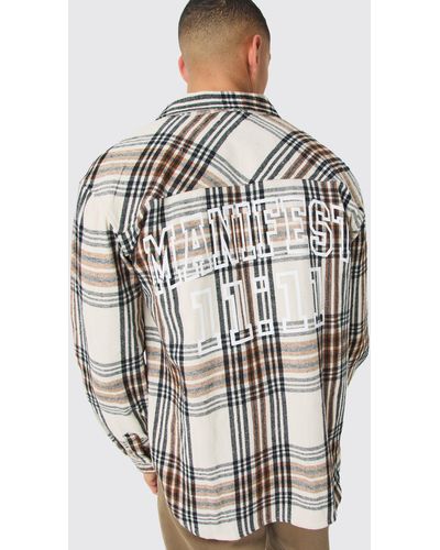 BoohooMAN Ifest Back Print Flannel Shirt - Grey