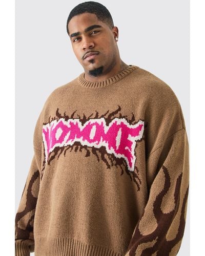 BoohooMAN Plus Oversized Knitted Homme Drop Shoulder Jumper In Taupe - Red