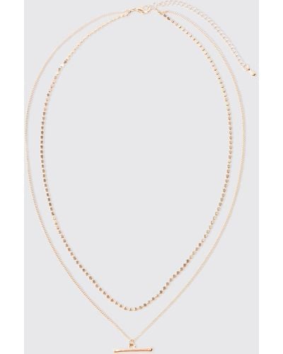 BoohooMAN Double Chain T Bar Necklace In Gold - White