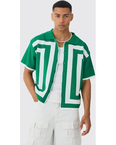 BoohooMAN Oversized Boxy Boarder Knit Revere Shirt - Green