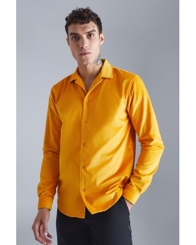 BoohooMAN Long Sleeve Velour Revere Shirt - Orange