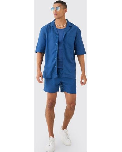 BoohooMAN Linen Pocket Detail Shirt & Short Set - Blue
