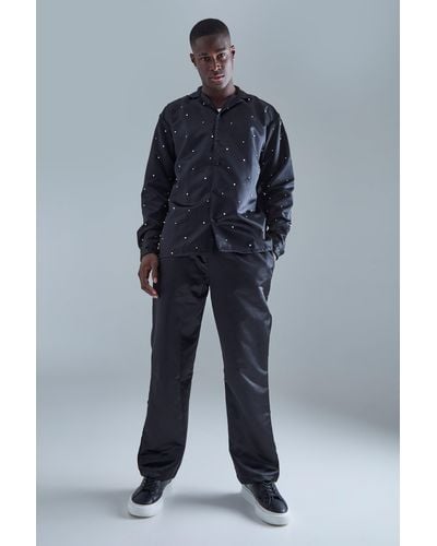 BoohooMAN Long Sleeve Embellished Satin Shirt And Trousers Set - Blue