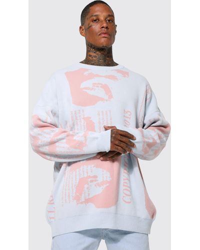 BoohooMAN Oversized All Over Text With Face Knitted Jumper - White