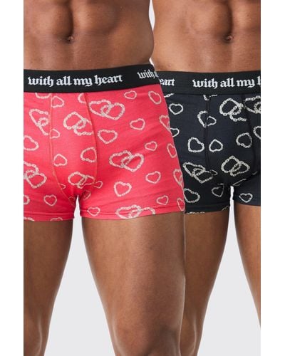BoohooMAN X2 Pack Printed Heart Boxers - Red