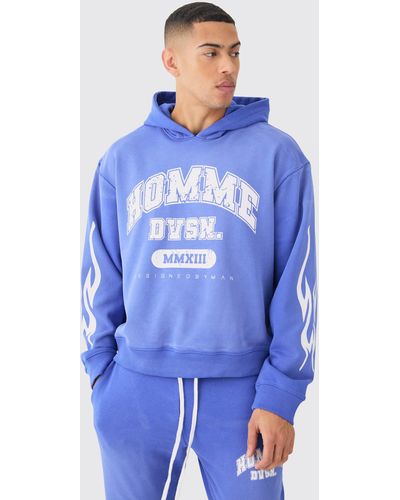 BoohooMAN Oversized Boxy Spray Wash Homme Hoodie - Blue