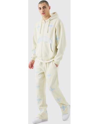 BoohooMAN Oversized Boxy Zip Through Embroidered Hood Tracksuit - White