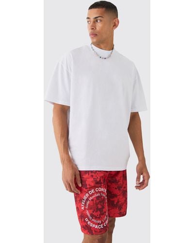 BoohooMAN Oversized Extended Neck Circle T-shirt And Mesh Shorts Set - White