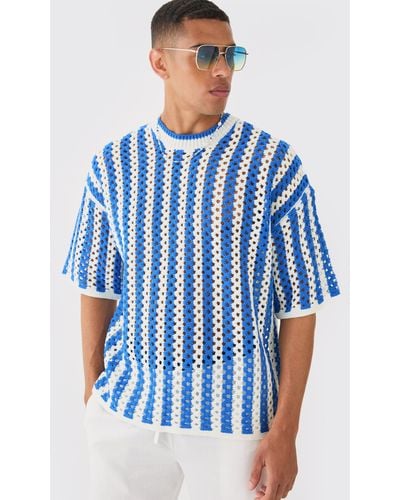 BoohooMAN Oversized Open Stitch Stripe Knitted T-shirt - Blue
