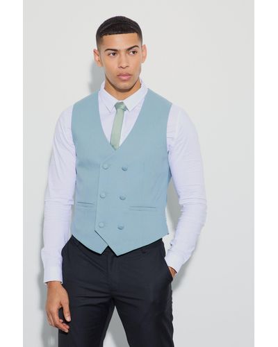 BoohooMAN Textured Double Breasted Waistcoat - Blue