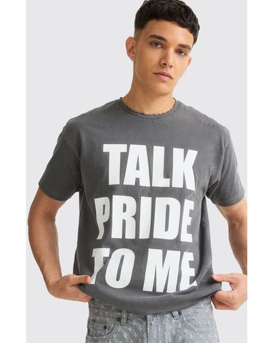 BoohooMAN Boxy Talk Pride To Me Distressed T-shirt - Grey