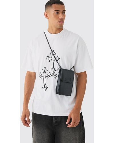 BoohooMAN Pu Tab Phone Bag In Black - White