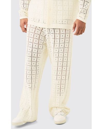 BoohooMAN Plus Relaxed Fit Crochet Knit Pants In White - Natural