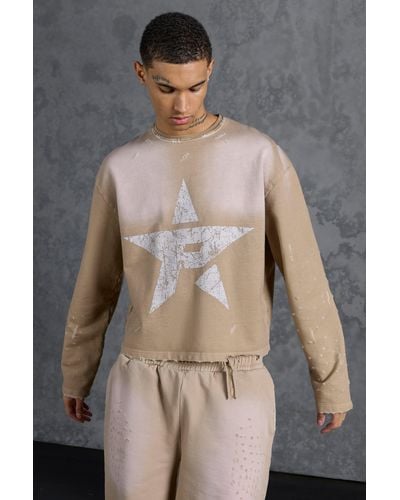 BoohooMAN Oversized Cropped Sweatshirt With Distressing - Brown
