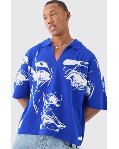 BoohooMAN Oversized Boxy Line Drawing Knitted Polo - Blau