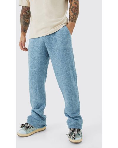 BoohooMAN Lockere Strick-Jogginghose mit Fischgräten-Print und weitem Bein - Blau