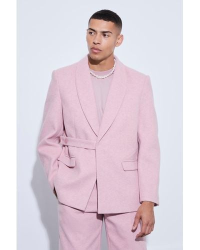 BoohooMAN Melton Wool Oversized Strap Detail Blazer - Pink