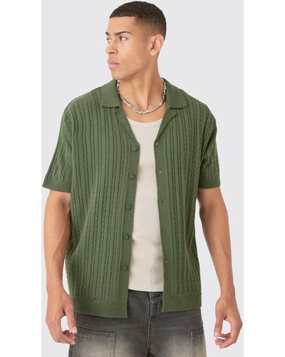 BoohooMAN Short Sleeve Revere Cable Knit Shirt - Grün