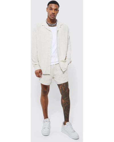 BoohooMAN Oversized Linen Shirt And Relaxed Short Set - White