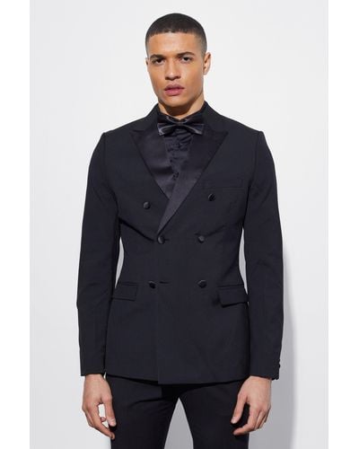 BoohooMAN Skinny Tuxedo Double Breasted Suit Jacket - Blue