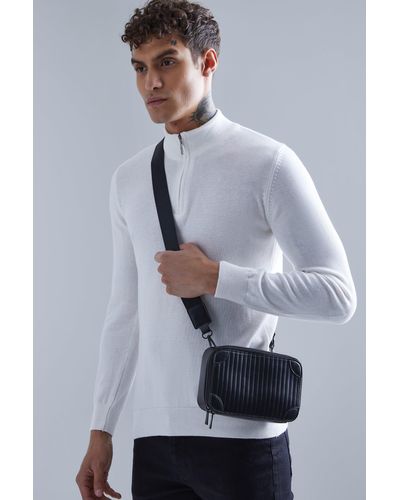 BoohooMAN Smart Faux Leather Rib Cross Body Bag - Grey