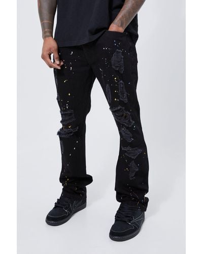 BoohooMAN Slim Rigid Flare Paint Splat Jeans - Black