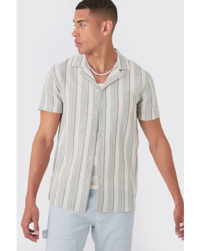 BoohooMAN Short Sleeve Textured Tonal Stripe Shirt - White