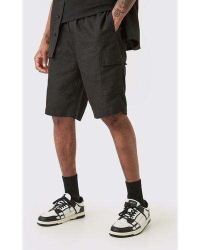 BoohooMAN Tall Elasticated Waist Relaxed Linen Cargo Shorts In Black