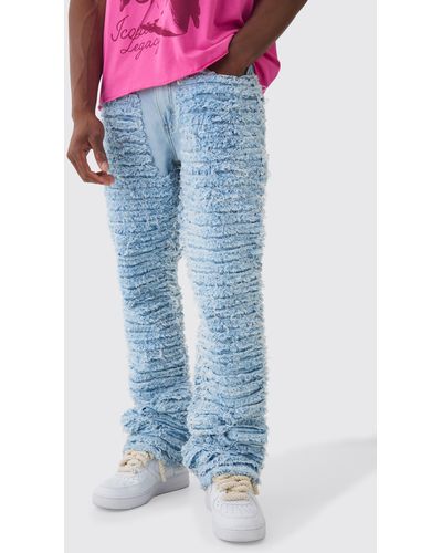 BoohooMAN Slim Rigid Flare All Over Distressed Jeans In Light Blue