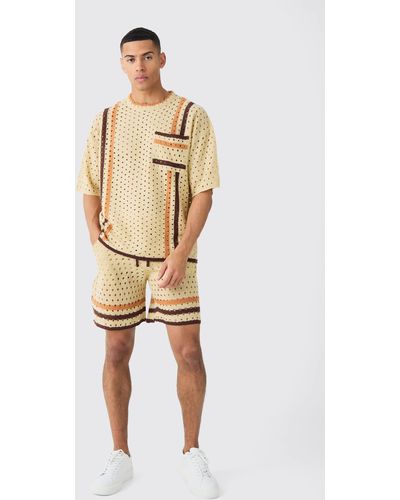 BoohooMAN Oversized Open Stitch T-shirt Short Knitted Set - Natural