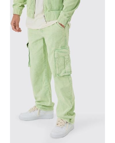BoohooMAN Relaxed Cargo Cord Pants In Sage - Green