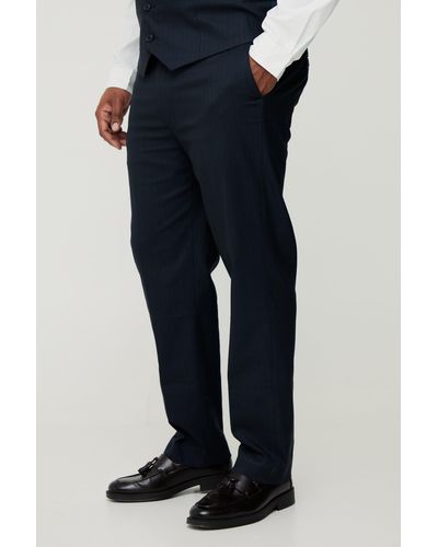 BoohooMAN Plus Navy Pinstripe Regular Fit Suit Trousers - Blue