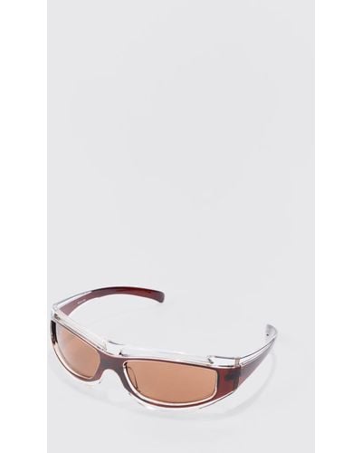 BoohooMAN Double Frame Detail Sunglasses In Brown - White