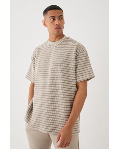 BoohooMAN Oversized Extended Neck Striped Textured T-shirt - Natur