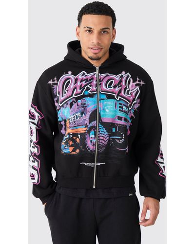 BoohooMAN Oversized Boxy Truck Graphic Hoodie - Blue