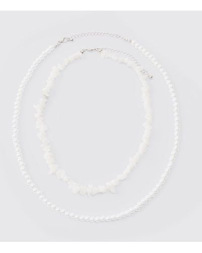 BoohooMAN Double Layer Beaded Necklace In White