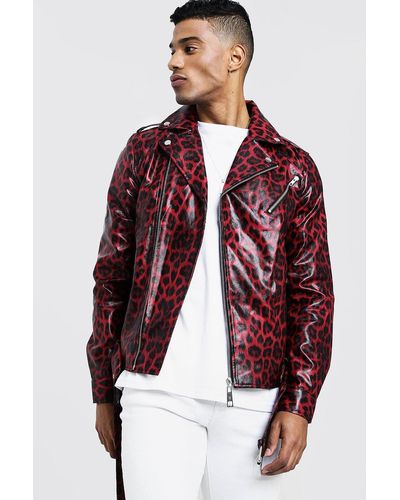 BoohooMAN Faux Leather Biker Jacket In Leopard Print - Red