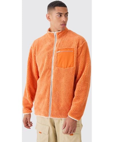 BoohooMAN Oversized Contrast Borg Jacket - Orange