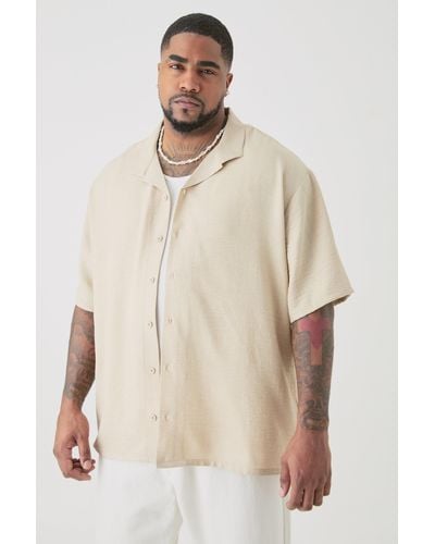 BoohooMAN Plus Short Sleeve Drop Revere Linen Shirt In Natural