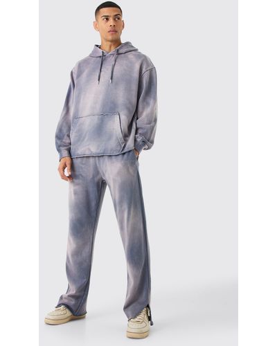 BoohooMAN Embroidery Oversized Sun Bleached Wash Hooded Tracksuit - Blue