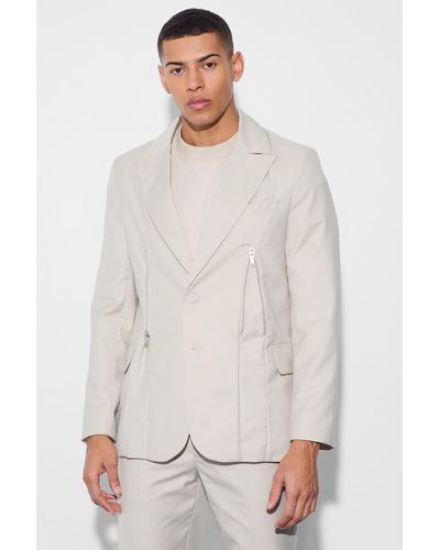 BoohooMAN Skinny Fit Zip Hem Suit Jacket - White